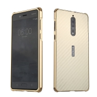 เคส Nokia 8 #เคสกรอบโลหะฝาหลังเลื่อนสไลด์ + ลายคาร์บอนไฟเบอร์ Texture สวยงามทันสมัย สีทอง