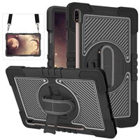 เคส Samsung Galaxy Tab S7 FE 12.4"(T730,T736) #เคสมีสายรัดสวมมือ มีสายคล้องไหล่ 3 Layer Silicon Plastic Stand cover with strap Black + Black