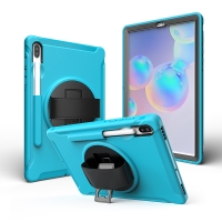 เคส Samsung Galaxy Tab S6 SM-T860 SM-T865 #เคสฝาหลังพลาสติกมีขาตั้งหมุนได้ 360° Swivel Kickstand PC + TPU Tablet Combo Shell with Hand Strap มีสายรัดมือ สีฟ้า