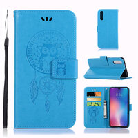 Case Xiaomi Mi 9 #เคสฝาพับแบบกระเป๋าสตางค์ฝาพับหนัง PU ลายนกฮูก Dream Catcher Owl สีฟ้า