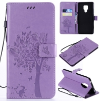 Case Huawei Mate 20 X #เคสฝาพับหนัง PU พิมพ์ลาย Imprint Cat and Tree Pattern Leather Protection Cover สีม่วง