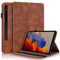 เคส Samsung Galaxy Tab S8 5G 11 นิ้ว SM-X700 SM-X706 #เคสฝาพับหนัง PU ลายต้นไม้ Life Tree Print Leather Stand Smart Case Cover สีน้ำตาล