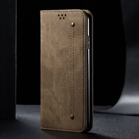 Case Huawei Y7p #เคสฝาพับสไตล์ย้อนยุคผิวผ้ายีนส์แบบกระเป๋าสตางค์ สีกากี