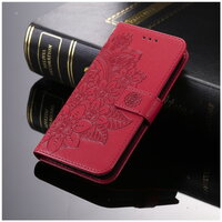 เคส realme 8 (5G) #เคสฝาพับแบบกระเป๋าสตางค์หนัง PU ลายนูนมีช่องใส่บัตรลายดอกไม้ สีแดง