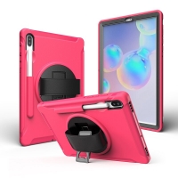 เคส Samsung Galaxy Tab S6 SM-T860 SM-T865 #เคสฝาหลังพลาสติกมีขาตั้งหมุนได้ 360° Swivel Kickstand PC + TPU Tablet Combo Shell with Hand Strap มีสายรัดมือ สีโรส