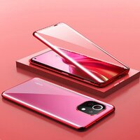 Case Xiaomi Mi 11 #เคสกระจกขอบโลหะประกบแม่เหล็กหน้าหลังมีป้องกันเลนส์กล้อง Fully Protection Magnetic Adsorption Glass Metal Phone Protective Built-in Camera Protection สีแดง