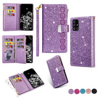 Case Samsung Galaxy A51#เคสฝาพับแบบกระเป๋าสตางค์ช่องใส่บัตรหลายช่อง Bling Glitter Case Multi-slot Wallet Zippered Leather พร้อมสายคล้อง สีม่วง