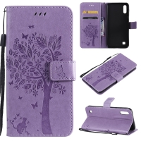 Case Huawei Y5 (2019) #เคสฝาพับหนัง PU พิมพ์ลาย Imprint Cat and Tree Pattern Leather Protection Cover สีม่วง