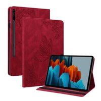 เคส Samsung Galaxy Tab S8 5G 11 นิ้ว SM-X700 SM-X706 #เคสฝาพับหนัง PU ลายผีเสื้อ Flip Cover Butterfly Flower Imprinted Card Leather สีแดง