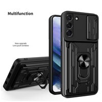 Case Samsung Galaxy S21 FE 5G #เคสฝาหลังกันกระแทก Hybrid Case มัลติฟังก์ชั่นมีแหวนสวมนิ้วแผ่นสไลด์ปิดเลนส์กล้องได้ สีดำ
