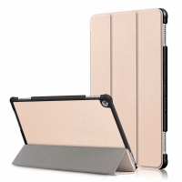 Case Huawei MediaPad M5 Lite 10.1 #เคสฝาพับสามพับหนัง PU ผิวลิ้นจี่ Litchi Skin PU Leather Tri-fold Stand Tablet Cover สีทอง