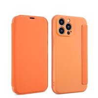 เคส iPhone 14 plus #เคสฝาพับกรอบซิลิโคนนิ่ม พร้อมช่องใส่บัตร สีส้ม