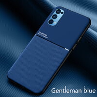 เคส OPPO Reno 5 Pro 5G #เคสฝาหลัง TPU เคลือบหนัง PU สไตล์ธุรกิจที่เรียบง่ายมีแผ่นเหล็กในตัว Minimalist Business Style Leather Coated TPU Built-in metal magnetic plate สีน้ำเงิน