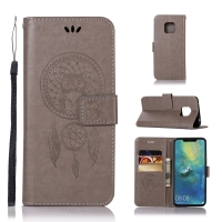 เคส Huawei Mate 20 Pro #เคสฝาพับแบบกระเป๋าสตางค์ฝาพับหนัง PU ลายนกฮูก Imprint Owl Dream Catcher PU Leather สีเทา