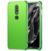 เคส Nokia 6.1 Plus / X6 (2018) #เคสขอบโลหะ+ฝาหลังพลาสติกผิวCarbon Fiber เลื่อนสไลด์ สีเขียว