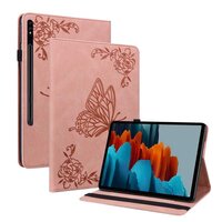 เคส Samsung Galaxy Tab S8 5G 11 นิ้ว SM-X700 SM-X706 #เคสฝาพับหนัง PU ลายผีเสื้อ Flip Cover Butterfly Flower Imprinted Card Leather สีชมพู