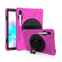 เคส Samsung Galaxy Tab S6 SM-T860 SM-T865 #เคสฝาหลังกันกระแทก X-Shape 360 Degree Rotary Kickstand PC + Silicone มีสายรัดมือ สีโรส