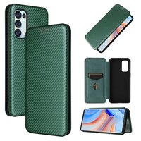 Case OPPO Reno 5 Pro 5G #เคสฝาพับลายคาร์บอนไฟเบอร์มีช่องใส่การ์ด Carbon Fiber Wallet Card Slot Magnet Stand Phone Cover สีเขียว