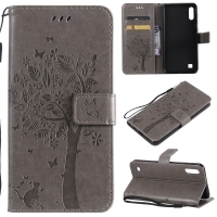 Case Samsung Galaxy A10 #เคสฝาพับหนัง PU พิมพ์ลาย Imprint Cat and Tree Pattern Leather Protection Cover สีเทา