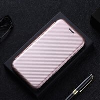 เคส vivo V21 5G#เคสฝาพับลายคาร์บอนไฟเบอร์มีช่องใส่การ์ด Carbon Fiber Wallet Card Slot Magnet Stand Phone Cover สีชมพู