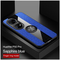 เคส Huawei P50 Pro #เคสฝาหลังเคลือบผ้าเนื้อมีแหวนสวมนิ้ว TPU ไฮบริด+อะคริลิ + แหวนโลหะ [ในตัวแผ่นโลหะแม่เหล็ก] Fashion Woven Cloth Casing Finger Ring Holder Back Case สีฟ้า