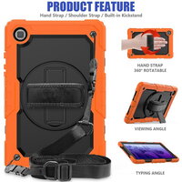 Case Samsung Galaxy Tab A7 10.4" 2020 (T500,T505,T507) #เคสฝาหลังมีสายรัดสวมมือ มีสายคล้องไหล่ 3 Layer Silicon Plastic Stand cover with strap Orange/Black