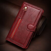 Case Samsung Galaxy Note 10+ #เคสฝาพับแบบกระเป๋าสตางค์ช่องใส่บัตรหลายช่อง Multi-slot Wallet Zippered Leather พร้อมสายคล้อง สีแดง