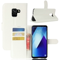 Case Samsung Galaxy A8+ (2018) #เคสฝาพับสไตล์กระเป๋าสตางค์หนัง PU ผิวลิ้นจี่ สีขาว