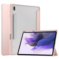 เคส Samsung Galaxy Tab S7 FE 12.4"(T730,T736) #เคสฝาพับปกหนัง PU แบบ 3 พับด้านหลังใส พับตั้งได้มีช่องใส่ปากกา Leather Tri-fold Stand Shell Cover with Auto Sleep สีโรสโกลด์