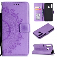 Case Huawei Y9 Prime 2019 #เคสฝาพับหนัง PU ปั้มลาย Imprint Mandala Flower สีม่วง
