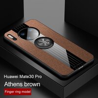 Case Huawei Mate 30 Pro #เคสฝาหลังเคลือบผ้าเนื้อมีแหวนสวมนิ้ว TPU ไฮบริด+อะคริลิ + แหวนโลหะ สีน้ำตาล
