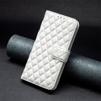 เคส iPhone 14#เคสฝาพับปกหนัง PU ลายตารางพร้อมช่องใส่บัตร พับวางตั้งได้สไตล์แบบกระเป๋าสตางค์ สีขาว
