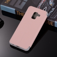 เคส Samsung Galaxy A8 + (2018) #เคสฝาพับผิวหนังลิ้นจี่พร้อมช่องเสียบการ์ดสีสันสวยงามสดใส สีชมพู
