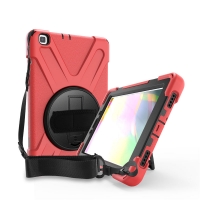 เคส Samsung Galaxy Tab A 8.0 (2019) SM-T290 SM-T295 SM-T297 #เคสฝาหลังกันกระแทก X-Shape 360 Degree Rotary Kickstand PC + Silicone มีสายคล้องมือ มีสายคล้องคอ สีแดง