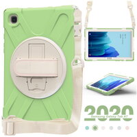 เคส Samsung Galaxy Tab A7 10.4" 2020 (T500,T505,T507) #เคสฝาหลังกันกระแทก Hand Band Strap 360 Degree Swivel Kickstand Design PC + Silicone Hybrid Tablet Case with Shoulder Strap ที่สวมมือพร้อมสายคล้องไหล่ Matcha Green