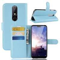เคส Nokia 5.1 Plus #เคสฝาพับสไตล์กระเป๋าสตางค์หนัง PU ผิวลิ้นจี่ Litchi Skin Leather Stand Cover สีฟ้า