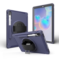เคส Samsung Galaxy Tab S6 SM-T860 SM-T865 #เคสฝาหลังพลาสติกมีขาตั้งหมุนได้ 360° Swivel Kickstand PC + TPU Tablet Combo Shell with Hand Strap มีสายรัดมือ สีน้ำเงิน