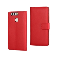 Genuine Split Leather Stand Case Cover for Huawei P9 - Red สีแดง