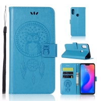 เคส Xiaomi Redmi Note 6 Pro #เคสฝาพับแบบกระเป๋าสตางค์ฝาพับหนัง PU ลายนกฮูก Imprint Owl Dream Catcher Wallet สีฟ้า