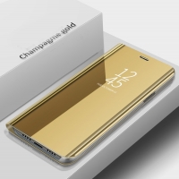 เคส Huawei Y7p#เคสฝาพับปกโปร่งแสงผิวเงา Electroplating Mirror Surface Window View สีทอง