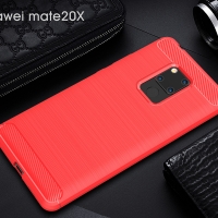 เคส Huawei Mate 20 X #เคสฝาหลัง TPU นิ่มคาร์บอนไฟเบอร์ผิวแบบขัดแปรง สีแดง