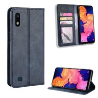 เคส Samsung Galaxy A10 #เคสฝาพับปกหนังสไตล์วินเทจดูดซับอัตโนมัติแบบกระเป๋าสตางค์ สีน้ำเงิน