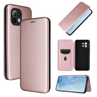 เคส Xiaomi 11 Lite 5G NE #เคสฝาพับลายคาร์บอนไฟเบอร์มีช่องใส่การ์ด Carbon Fiber Wallet Card Slot Magnet Stand Phone Cover สีชมพู