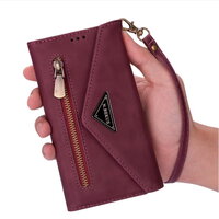 Case Huawei P30 Lite#เคสฝาพับแบบกระเป๋าสตางค์ช่องใส่บัตรหลายช่องพร้อมสายคล้อง Multi-slot Wallet Zippered Envelope Flip Leather สีไวน์แดง