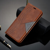Case iPhone 13 Pro Max #เคสฝาพับหนัง PU มีช่องเสียบ ID บัตรอื่นๆในตัว Geometric Pattern Leather Card Holder Protective สีน้ำตาล