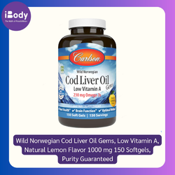 Carlson Labs® Wild Norwegian Cod Liver Oil Gems, Low Vitamin A, Natural Lemon Flavor 1000 mg 150 Softgels Purity Guaranteed น้ำมันตับปลาจากนอเวย์