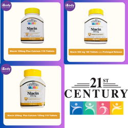 21st Century® Niacin 100mg Plus Calcium,250mg Plus Calcium 125mg, 500 mg แบบ Prolonged Release, วิตามินบี ไนอะซิน
