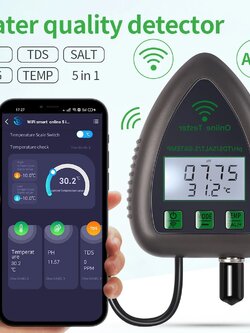 เครื่องตรวจจับคุณภาพน้ำดิจิตอล WiFi, เครื่องทดสอบความเค็ม TDS EC SG TEMP 5 in 1 Water Quality Tester