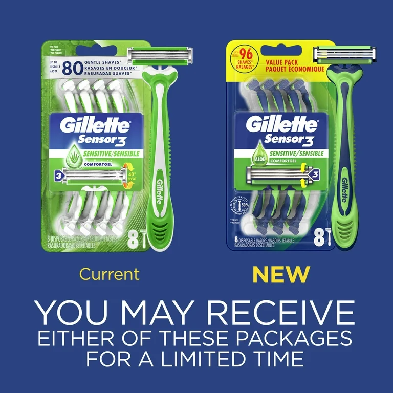 Gillette® Sensor3 Sensitive Men's Disposable 4 or 8 Razors ชุดมีดโกน ยิลเลตต์ เซนเซอร์ทรี สำหรับผิวแพ้ง่าย