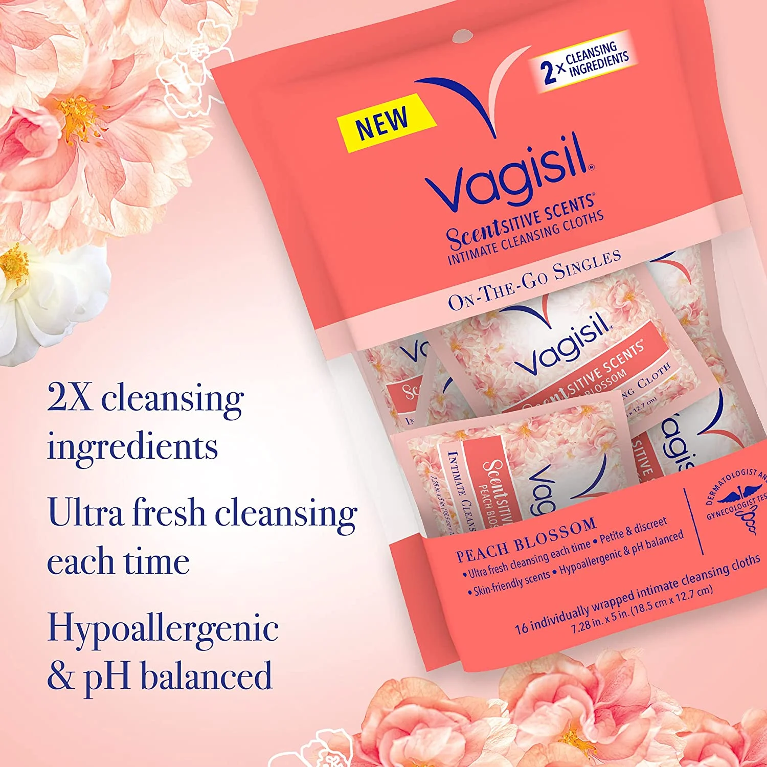 Vagisil® Scentsitive Scents Intimate Cleansing Cloths On-The-Go Singles 16 Wrapped แผ่นเช็ดทำความสะอาดจุดซ่อนเร้น แบบใช้แล้วทิ้ง